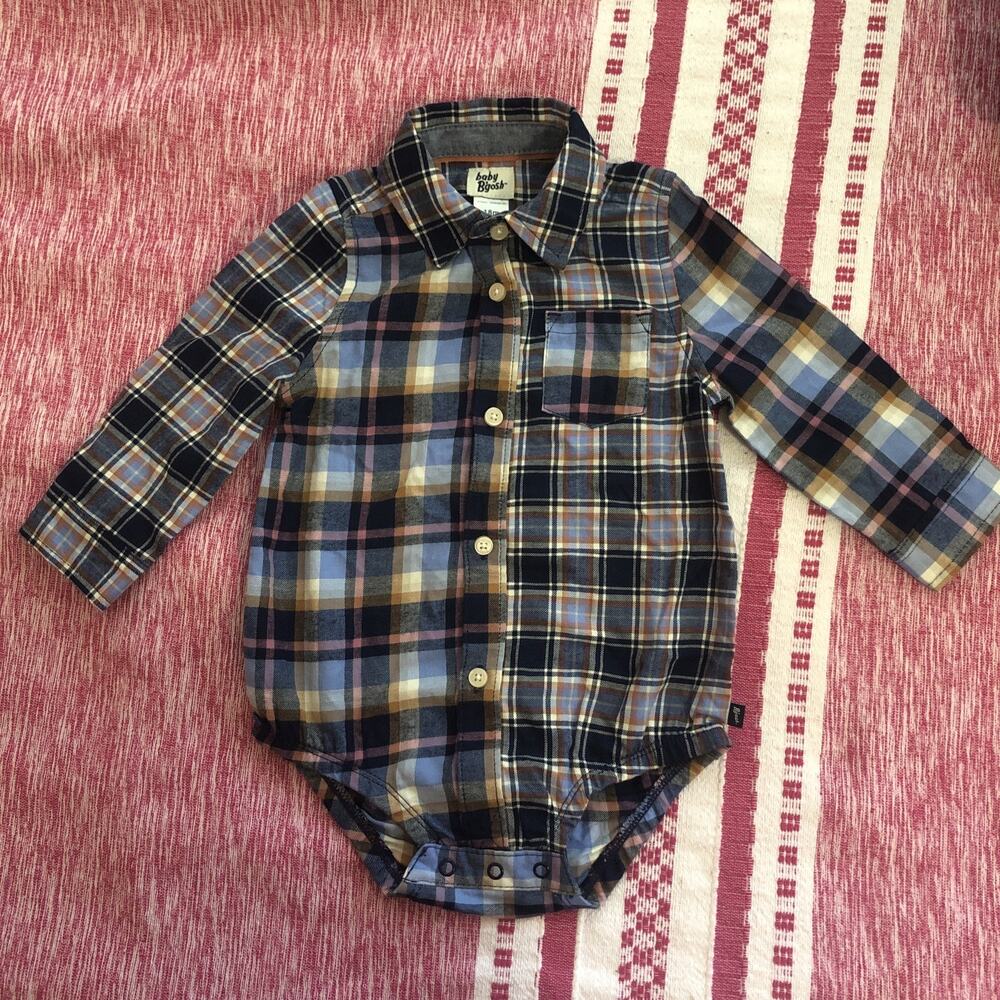 NWOT OshKosh Bgosh Baby Boys Blue Plaid Long Sleeve Button Down Bodysuit 18M